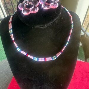 Anthropologie striped choker & dangling pink clear  flower earrings, nwot